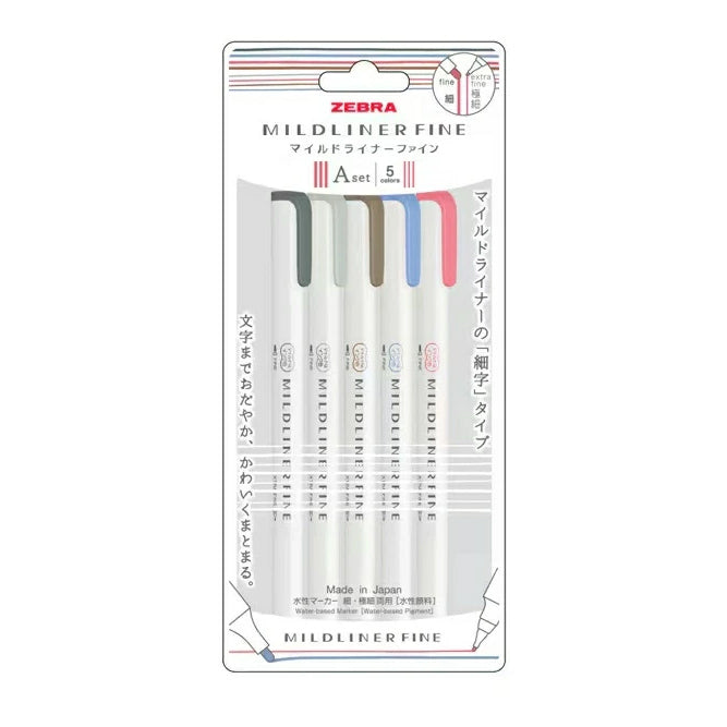 Zebra Mildliner Fine Double-Sided Marker - Fine Bullet / Extra Fine Tip - 5 Colour Set A - - Highlighters - Bunbougu