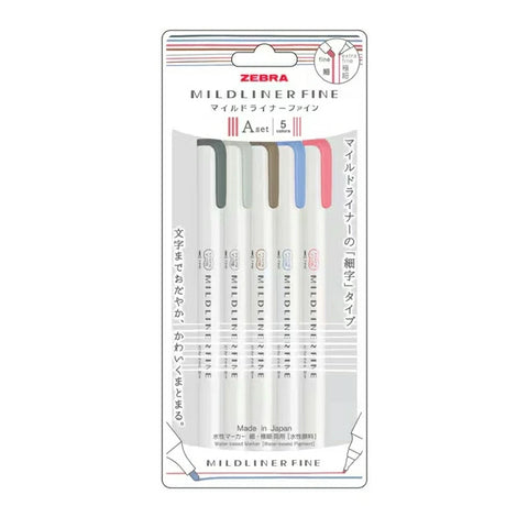 Zebra Mildliner Fine Double-Sided Marker - Fine Bullet / Extra Fine Tip - 5 Colour Set A - - Highlighters - Bunbougu