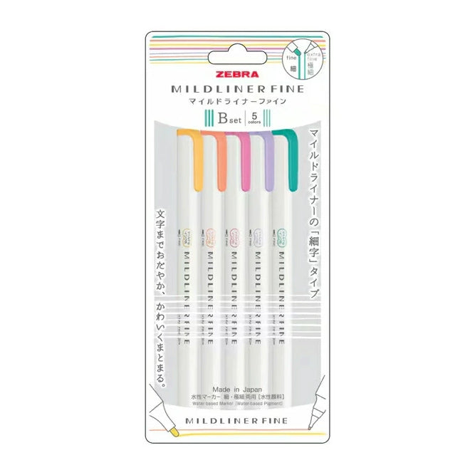 Zebra Mildliner Fine Double-Sided Marker - Fine Bullet / Extra Fine Tip - 5 Colour Set B - - Highlighters - Bunbougu