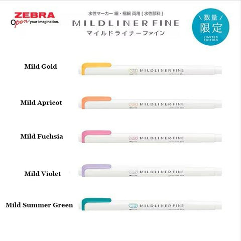Zebra Mildliner Fine Double-Sided Marker - Fine Bullet / Extra Fine Tip - 5 Colour Set B - - Highlighters - Bunbougu