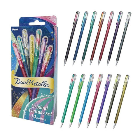 Pentel Hybrid Dual Metallic Gel Pen - Original & Fantasy Colours - 14 Colour Set - 1.0 mm - - Gel Pens - Bunbougu