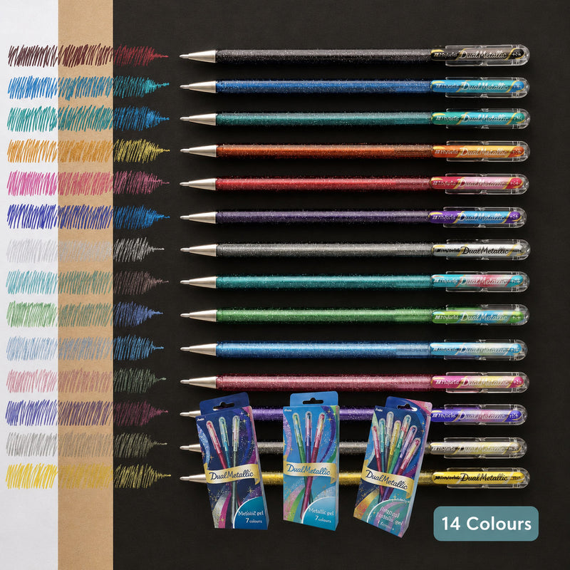 Pentel Hybrid Dual Metallic Gel Pen - Original & Fantasy Colours - 14 Colour Set - 1.0 mm