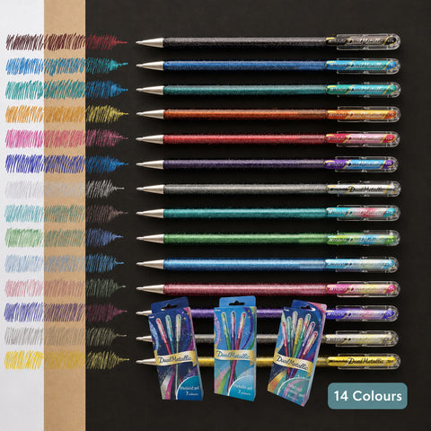 Pentel Hybrid Dual Metallic Gel Pen - Original & Fantasy Colours - 14 Colour Set - 1.0 mm - - Gel Pens - Bunbougu