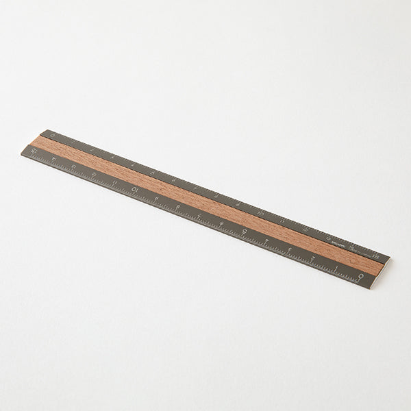 Midori Aluminium Wooden Ruler - Limited Edition - Dark Wood/Grey - 15 cm -  - Rulers - Bunbougu