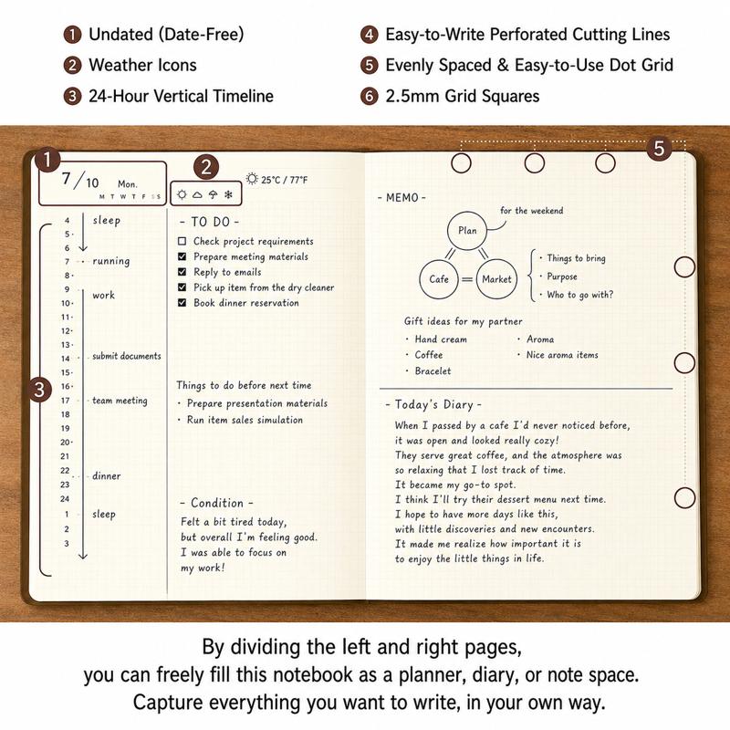 Midori Hibino Date Free Diary - Monthly Block + Daily On 2 Pages (768 Pages) - Brown - A6 - - Diaries & Planners - Bunbougu