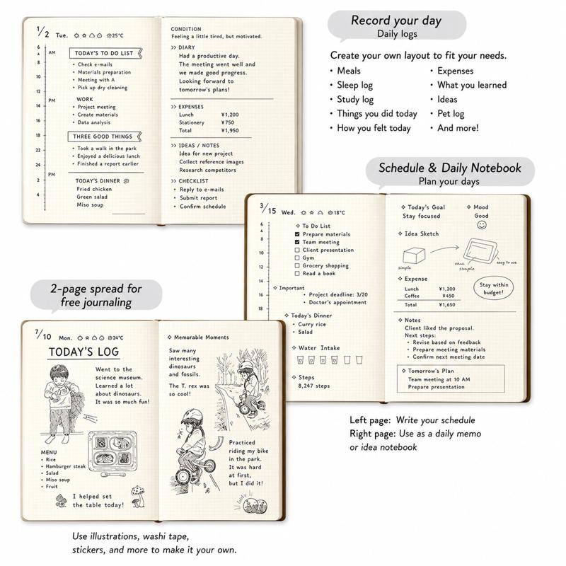 Midori Hibino Date Free Diary - Monthly Block + Daily On 2 Pages (768 Pages) - Brown - A6 - - Diaries & Planners - Bunbougu