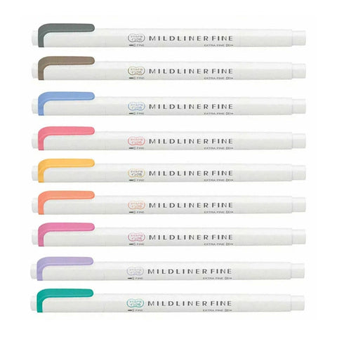 Zebra Mildliner Fine Double-Sided Marker - Fine Bullet / Extra Fine Tip - 10 Colours - - Highlighters - Bunbougu