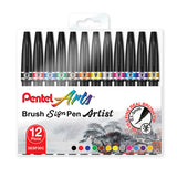 Pentel Artist Brush Sign Pen - Ultra Fine Tip - 12 Colour Set