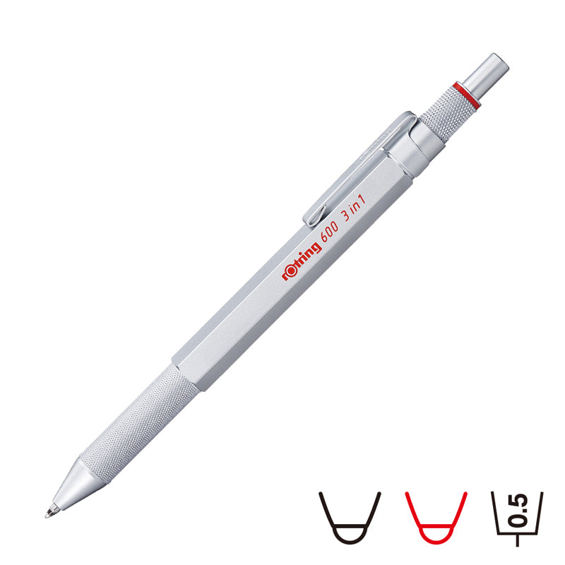 Rotring 600 3 in 1 Multi Pen - Black/Red/0.5 mm Pencil - Silver Body -  - Multi Pens - Bunbougu