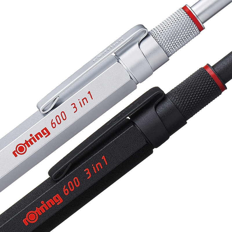 Rotring 600 3 in 1 Multi Pen - Black/Red/0.5 mm Pencil - Silver Body -  - Multi Pens - Bunbougu