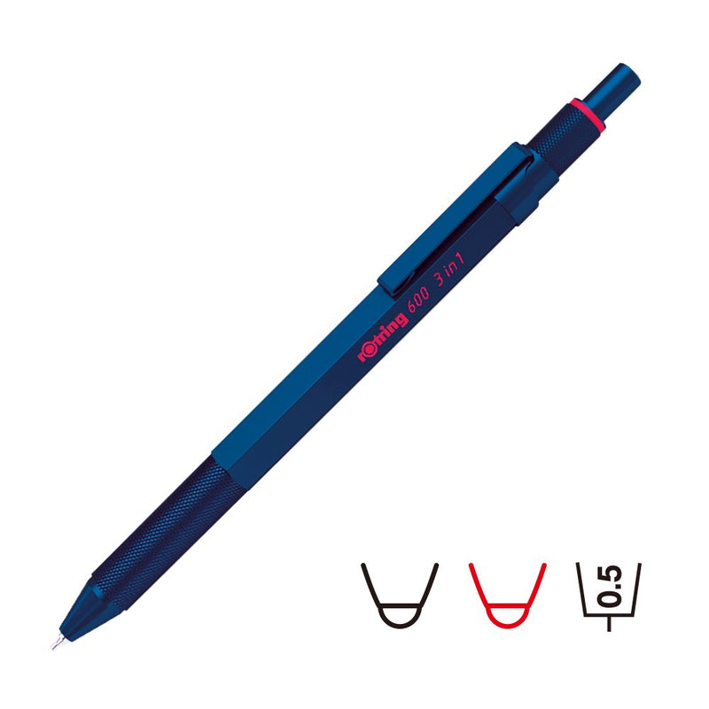 Rotring 600 3 in 1 Multi Pen - Black/Red/0.5 mm Pencil - Blue Body -  - Multi Pens - Bunbougu