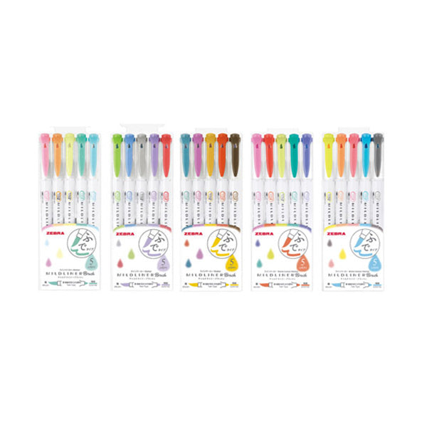 Zebra Mildliner Double-Sided Brush Pen - Fine Bullet Tip/Brush Tip - 5 Colour Set