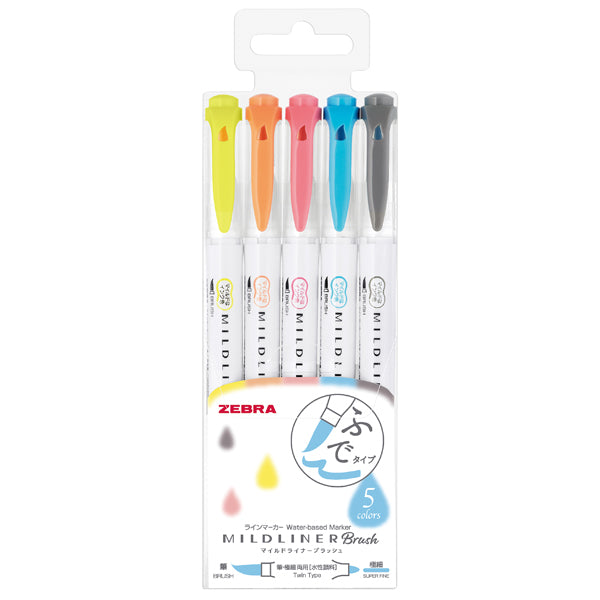 Zebra Mildliner Double-Sided Brush Pen - Fine Bullet Tip/Brush Tip - 5 Colour Set - Soft Colour Set - Brush Pens - Bunbougu