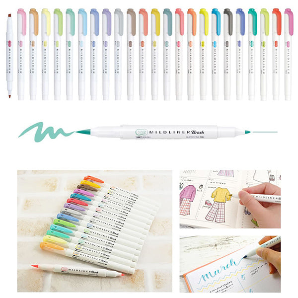 Zebra Mildliner Double-Sided Brush Pen - Fine Bullet Tip/Brush Tip - 5 Colour Set -  - Brush Pens - Bunbougu