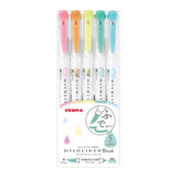 Zebra Mildliner Double-Sided Brush Pen - Fine Bullet Tip/Brush Tip - 5 Colour Set - Fluorescent Colour Set - Brush Pens - Bunbougu