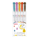 Zebra Mildliner Double-Sided Brush Pen - Fine Bullet Tip/Brush Tip - 5 Colour Set - Deep & Warm Colour Set - Brush Pens - Bunbougu